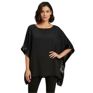 AB Studio Black Chiffon Pullover Poncho Black Sequins Trim Medium